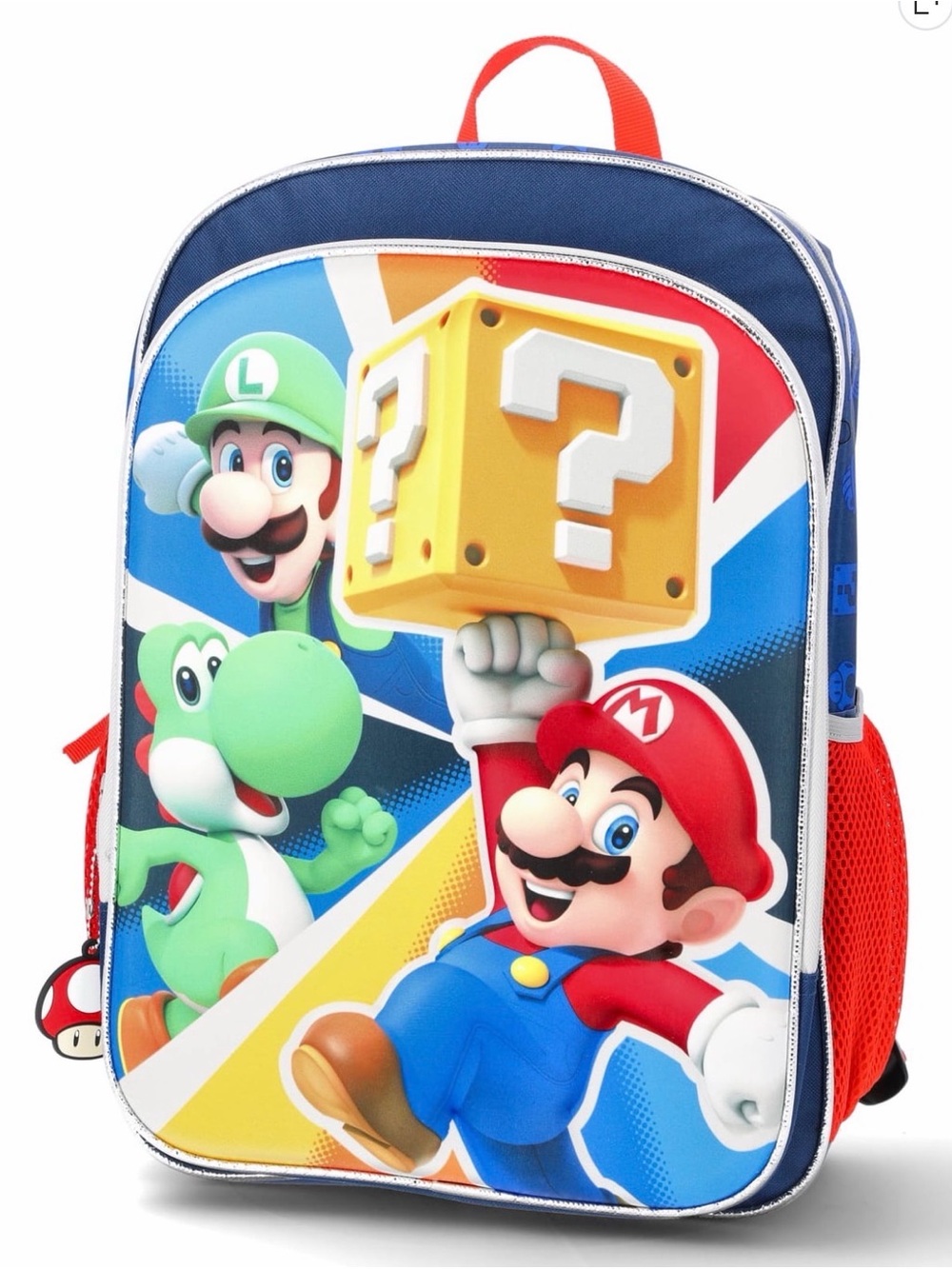 Super Mario Kids Backpack - Blue, Red & Green Character Print